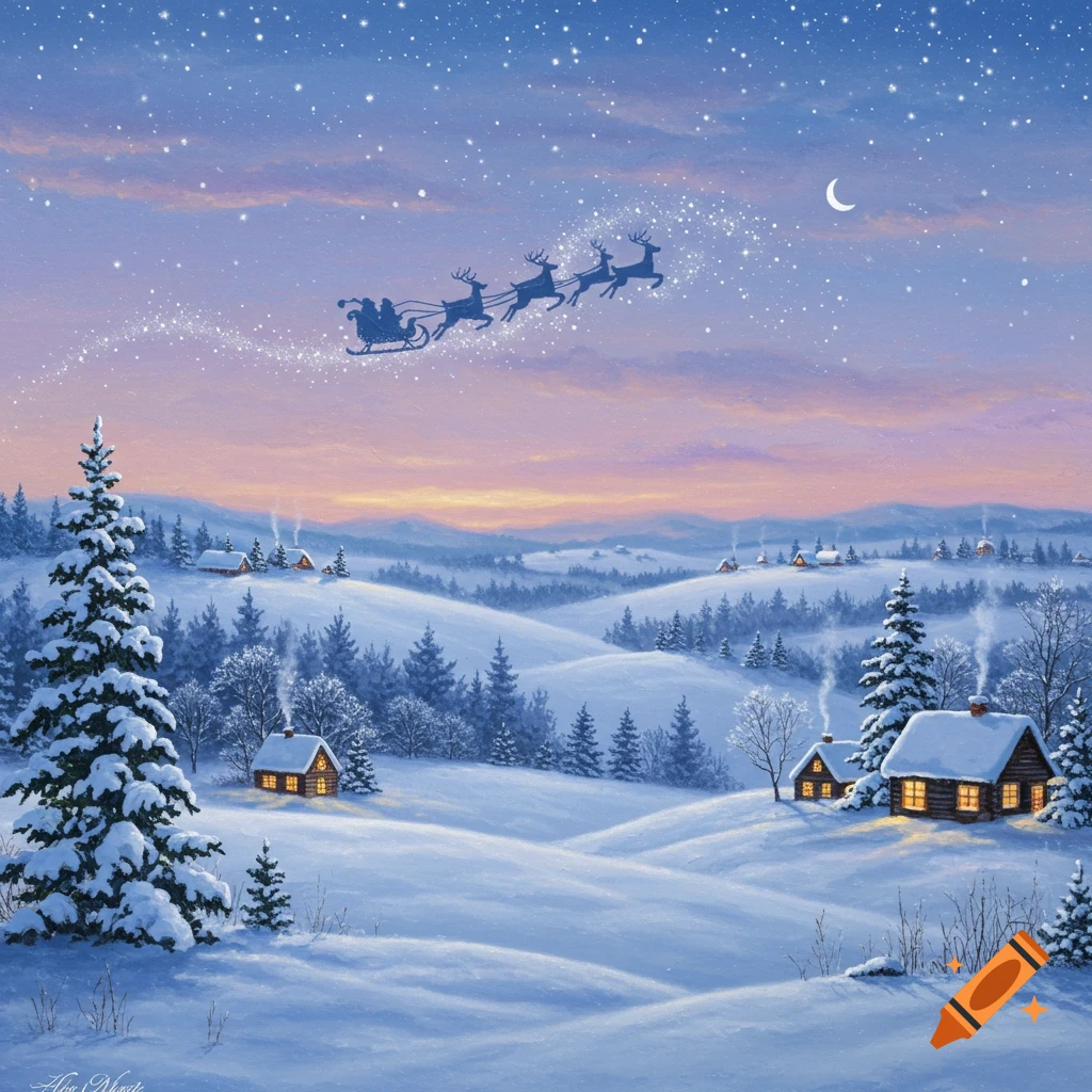 Santa's sleigh and reindeer fly over a snowy winter landscape with cabins under a starry, pastel sky, in an illustrative style.