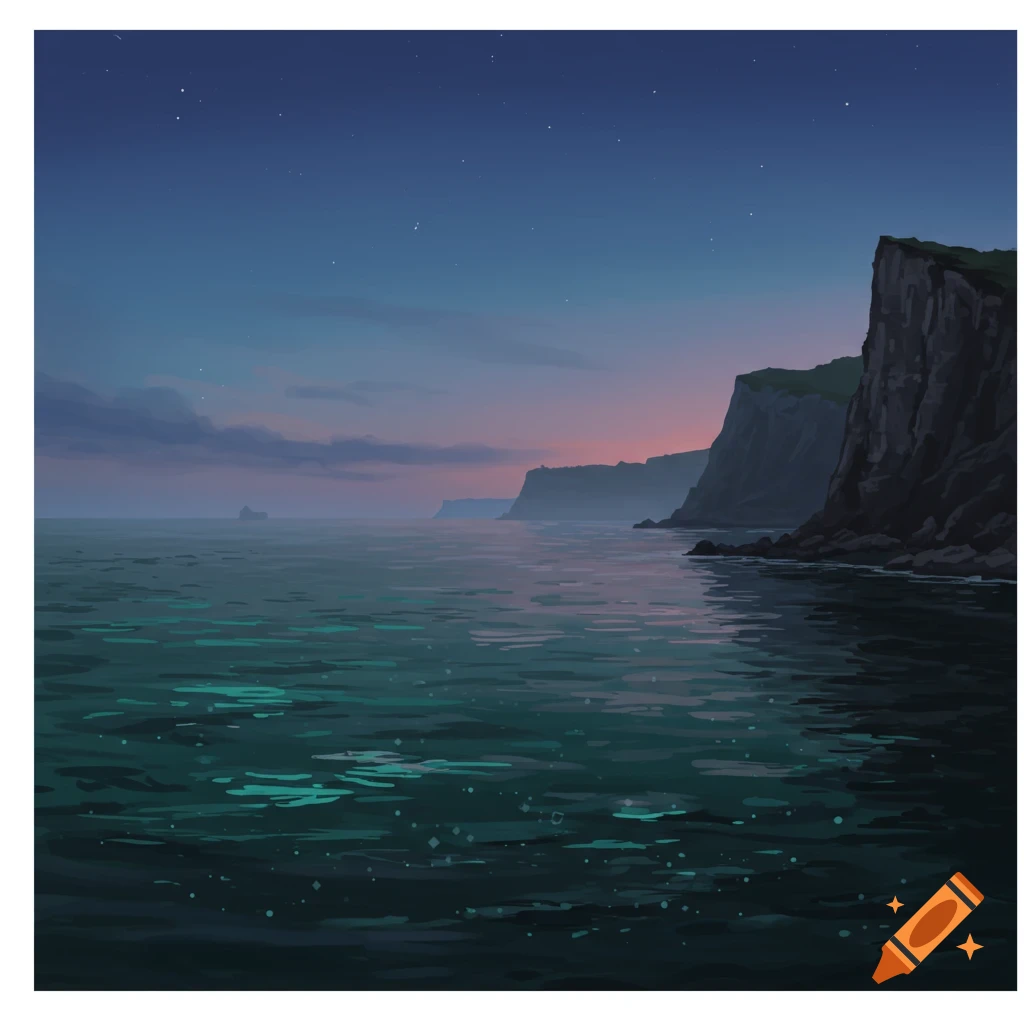 Stylized illustration of a dark bay at dusk with shimmering green water, rocky cliffs on the right, and a deep blue, starry sky.