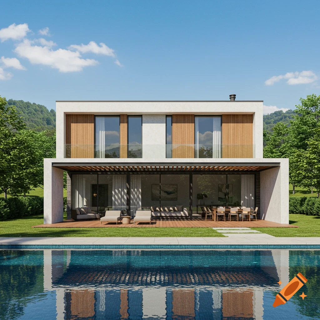 Photorealistic image of a modern two-story luxury house with a swimming pool and green lawn under a blue sky.