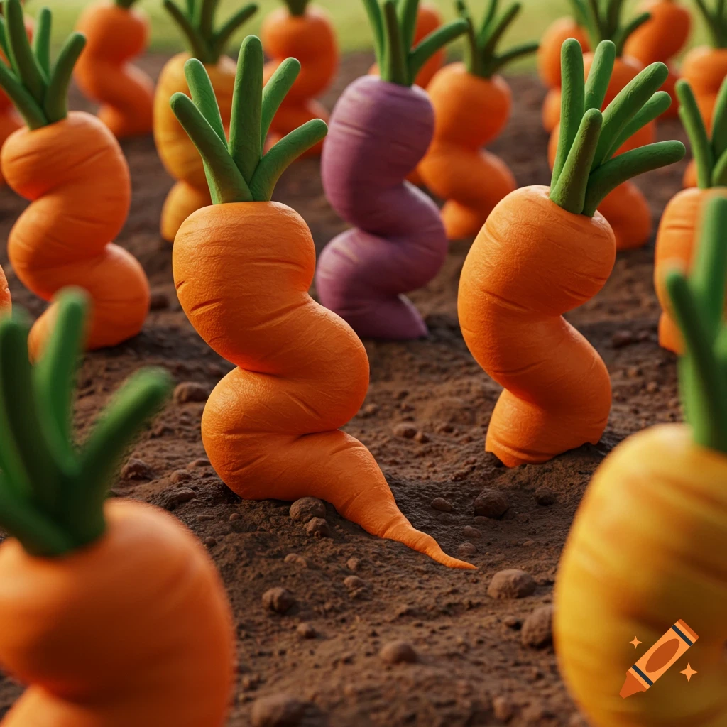 Twisted orange and purple claymation carrots with green tops growing in brown soil.