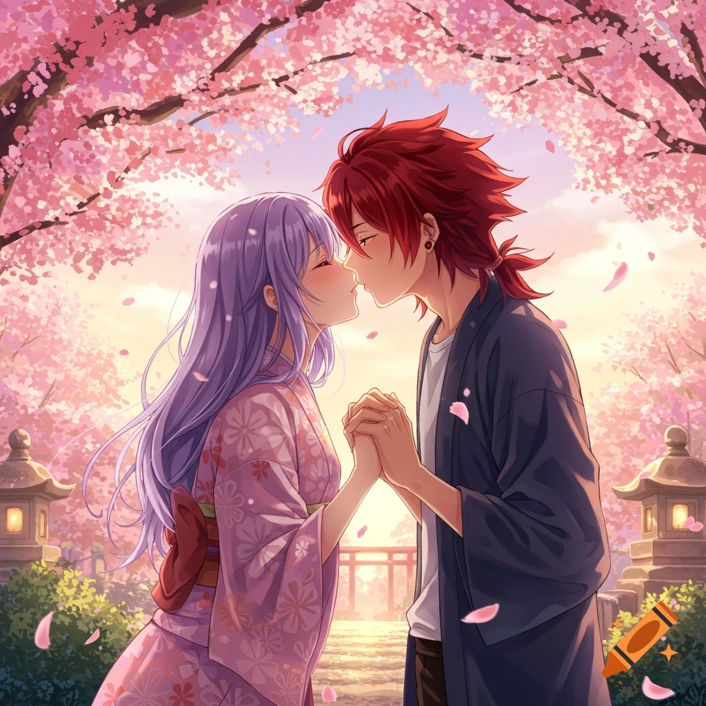 Anime couple with red and purple hair, in traditional attire, holding hands and about to kiss under cherry blossoms.