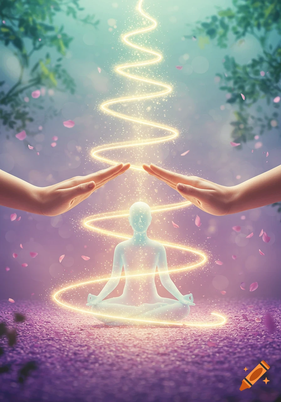 A glowing, translucent figure meditates as golden energy spirals from two hovering hands in a mystical, petal-strewn setting.