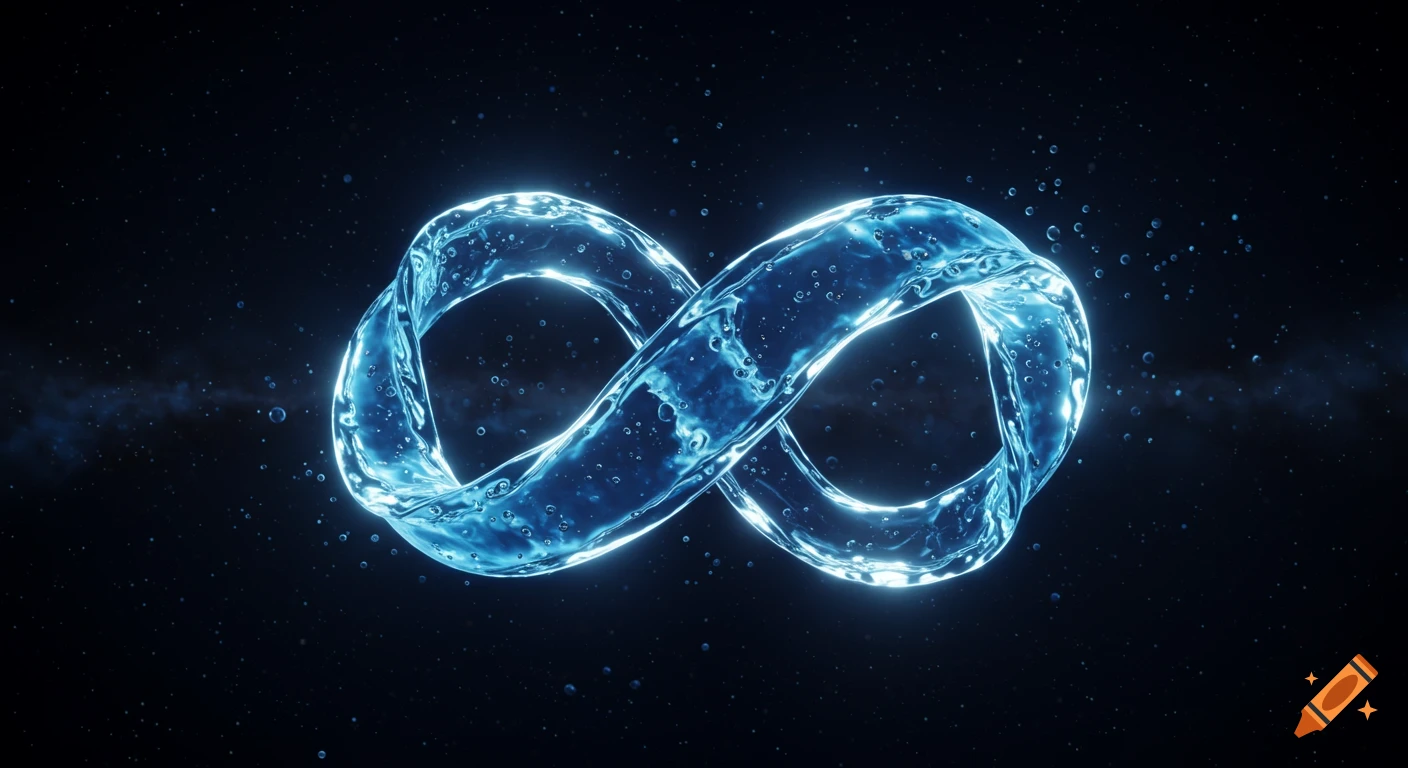 A glowing, twisted infinity symbol made of blue liquid with light beams and particles against a dark, cosmic background.