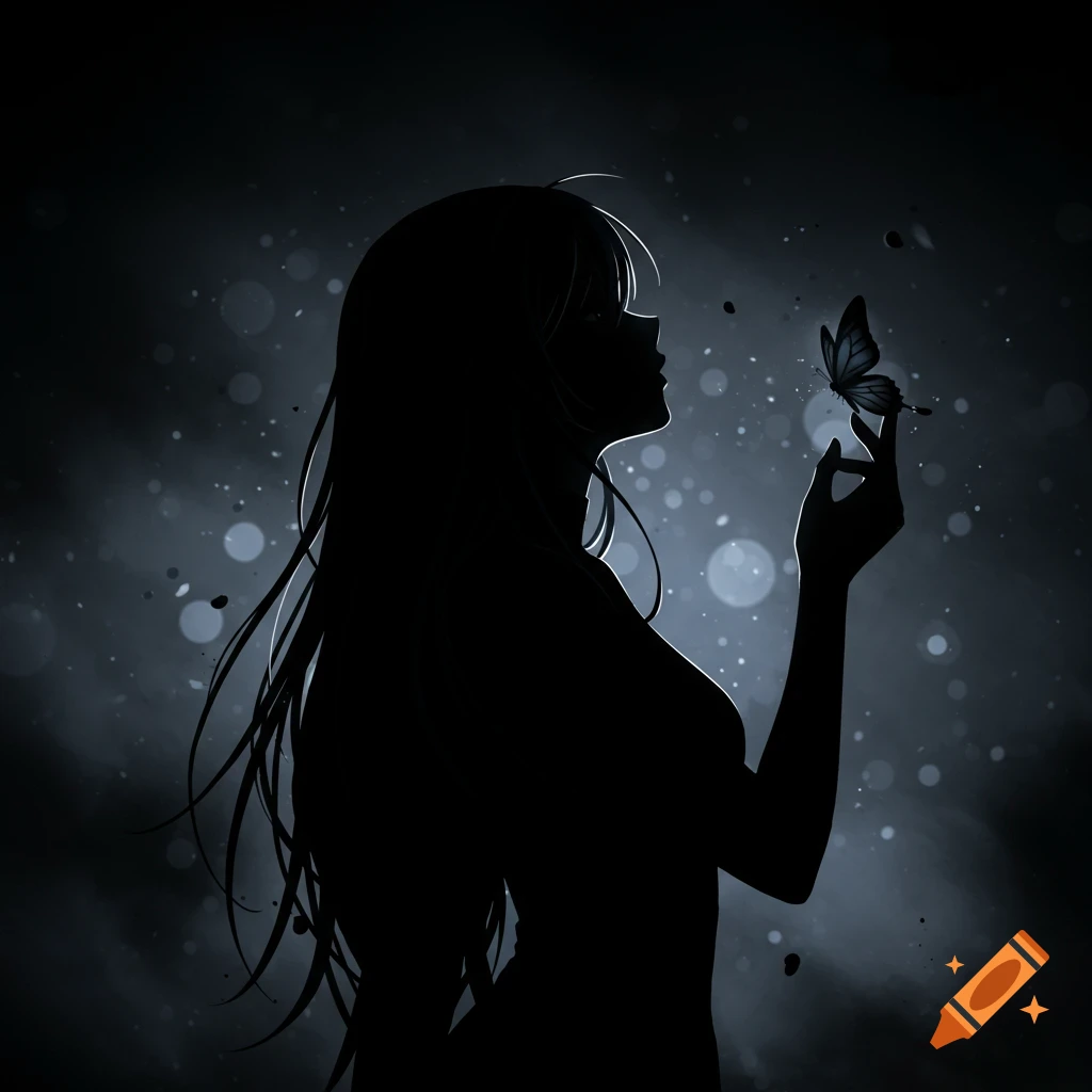 Anime silhouette of a woman with long hair looking at a butterfly on her finger, dark bokeh background.