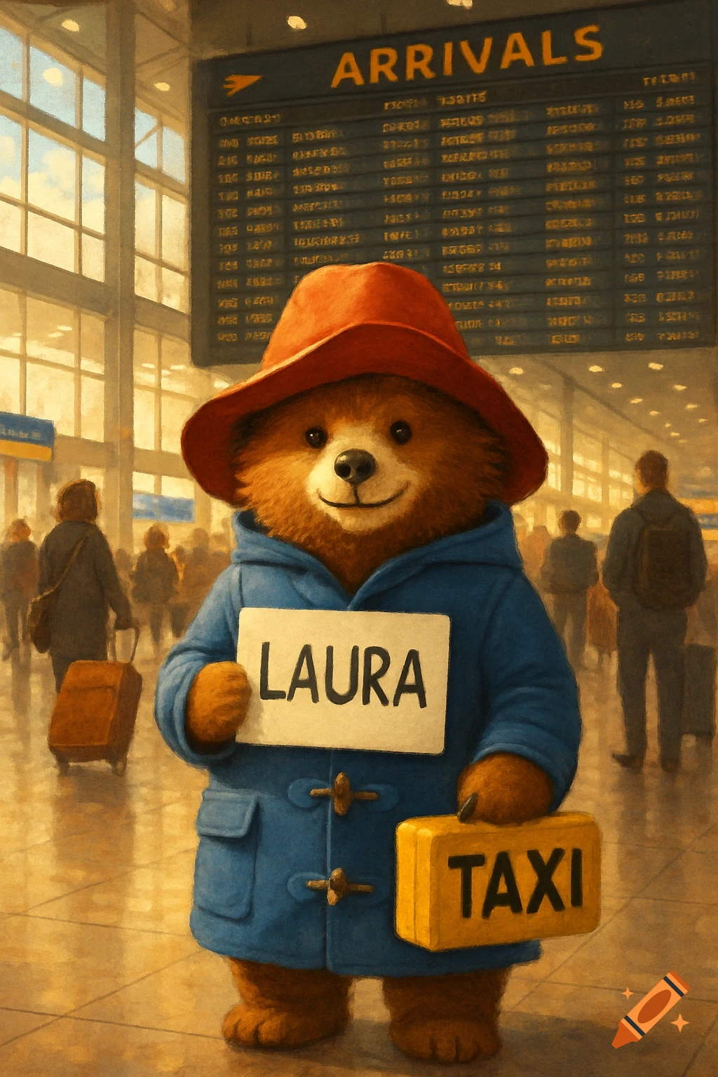 Paddington Bear in a blue coat and red hat stands in an airport, holding a 'LAURA' sign and a small yellow 'TAXI' suitcase. A flight departures board reads 'ARRIVALS' above.