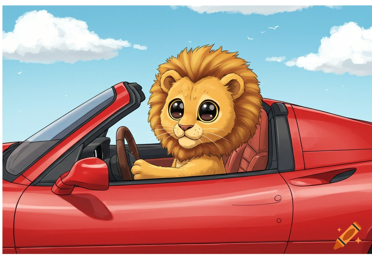 A cute cartoon baby lion with big eyes drives a red convertible sports car under a blue sky.