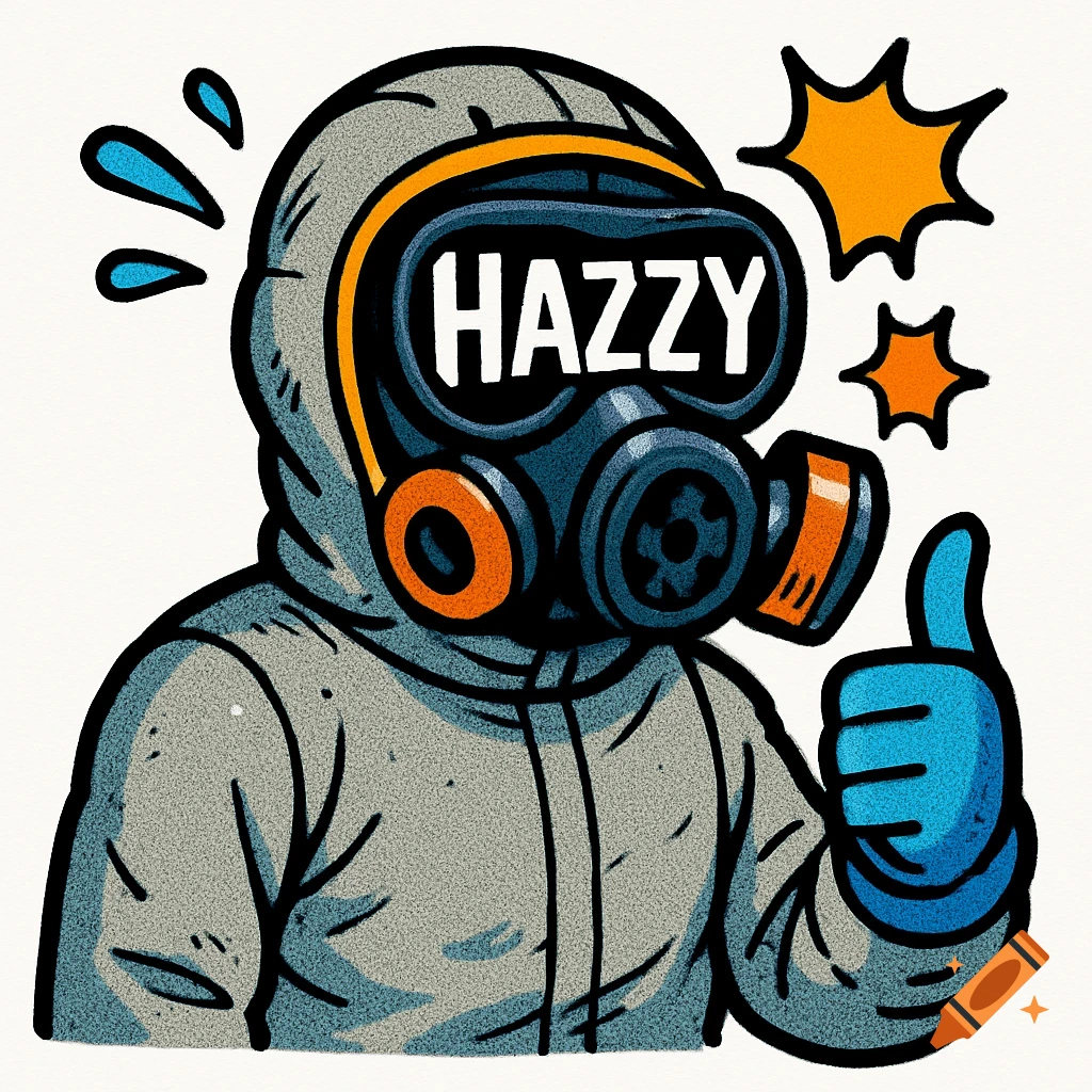 Cartoon character in a gray hazmat suit and gas mask with 'HAZZY' on the lens, giving a thumbs up, comic art style.