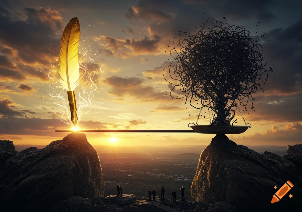 A glowing golden quill pen on a balance scale opposing a dark tangled mass, set on mountain peaks at sunset with tiny silhouetted figures.