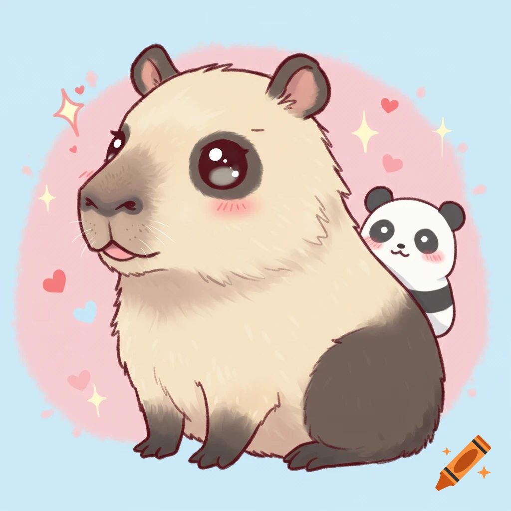 Kawaii cartoon capybara-panda hybrid with a small panda, surrounded by hearts and sparkles.