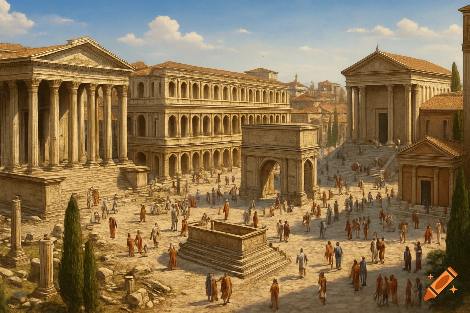 A bustling ancient Roman forum with classical buildings, a triumphal arch, and many people under a clear blue sky.