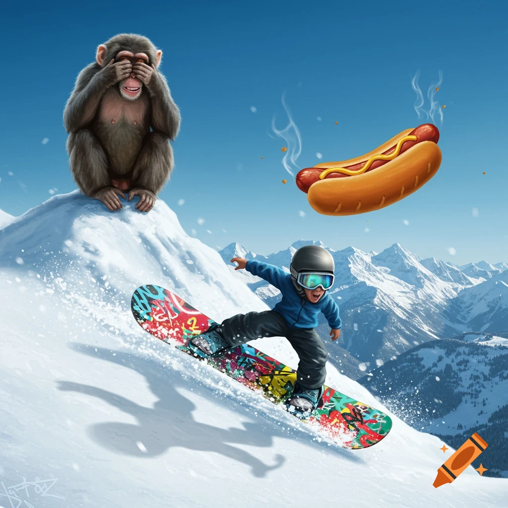 A monkey covers its eyes on a snowy peak above a child snowboarding down a mountain while a steaming hot dog floats in the sky.