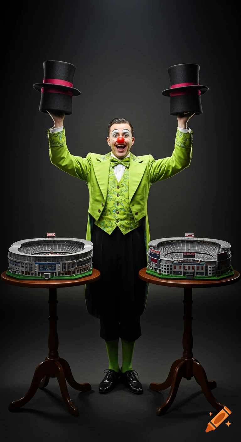 A photorealistic vertical full-body portrait of a smiling magician in a lime-green costume and clown nose, holding two top hats above two miniature football stadiums on tables.