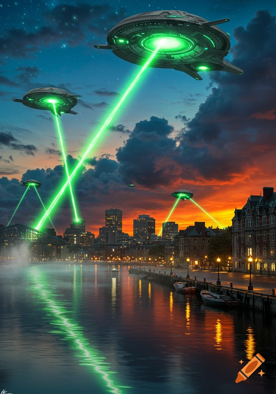 Photorealistic image of multiple UFOs with green laser beams over a city skyline at sunset, reflected in the river below.