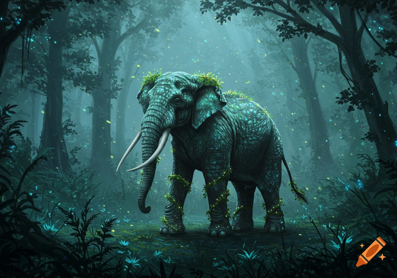 A majestic, dark elephant adorned with glowing green vines stands in a misty, mystical forest with luminous foliage.