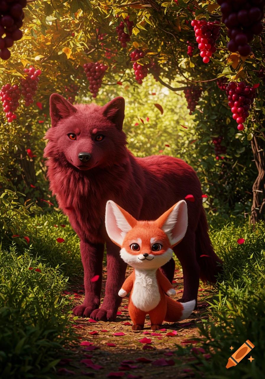 A stylized maroon wolf and a cute fennec fox stand on a forest path with red grapes and petals.