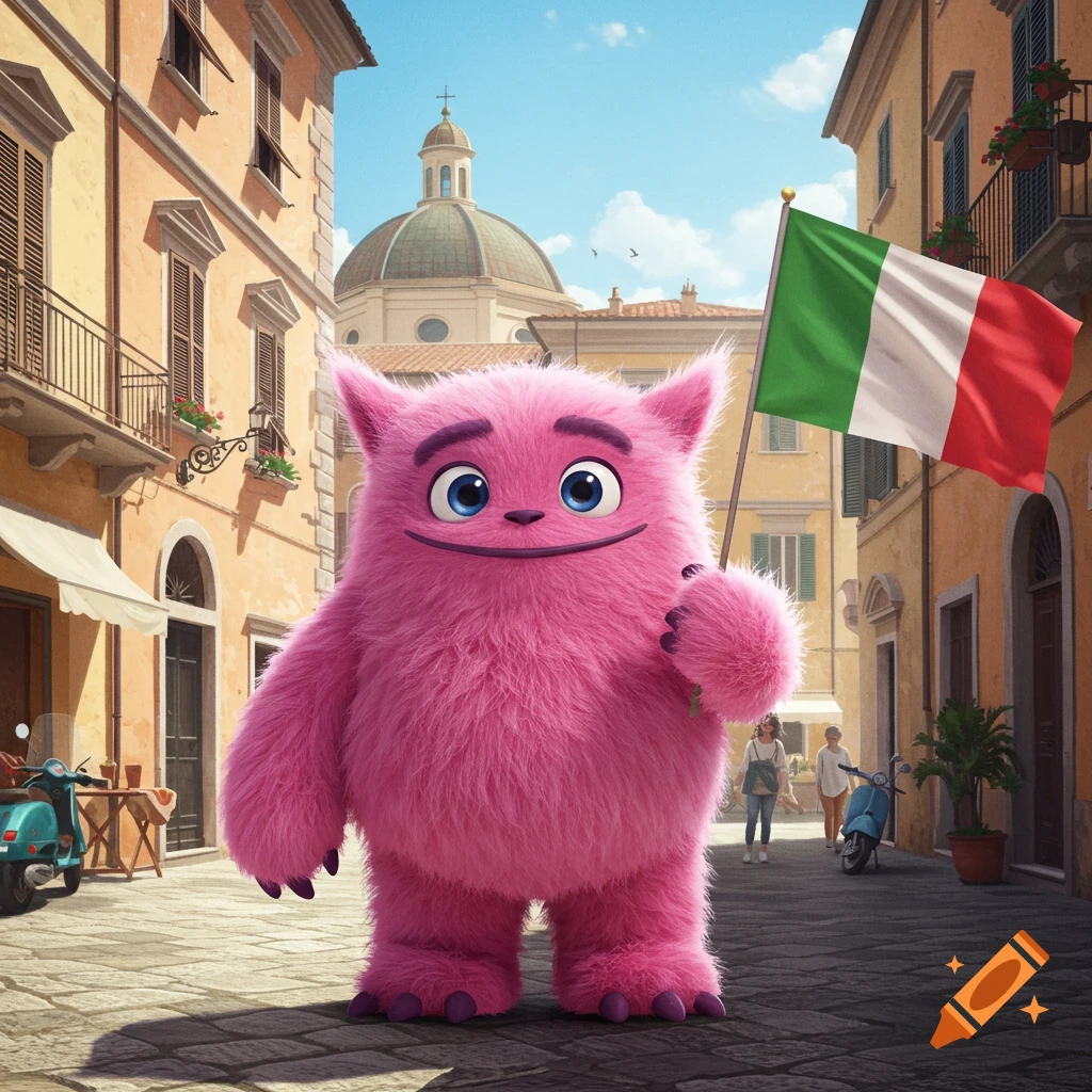 A cute, fluffy pink monster with blue eyes stands on a cobblestone street in an Italian town, holding an Italian flag.