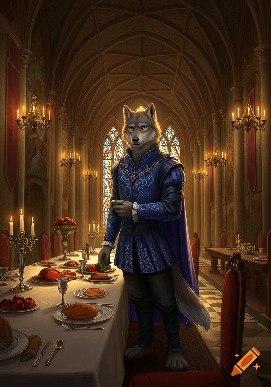An anthropomorphic wolf prince in blue regal attire stands in a grand, candlelit hall with stained glass windows and a feast on a long table.
