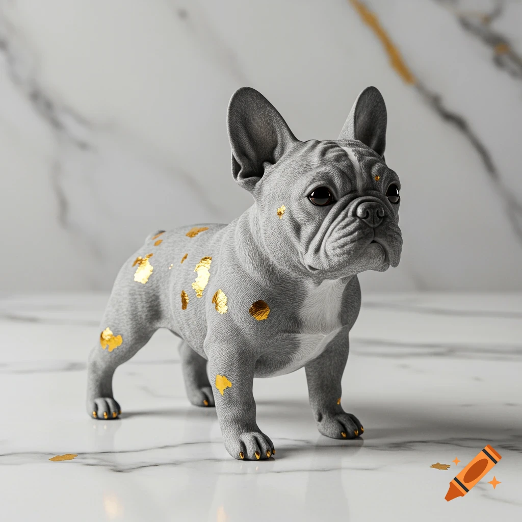 A grey French Bulldog figurine with gold leaf spots stands on a white marble surface.