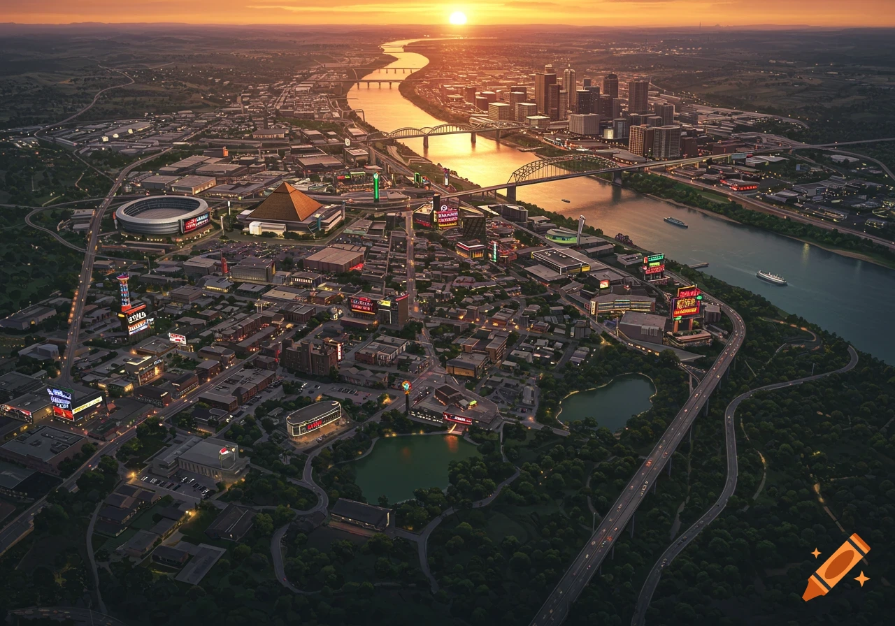 Aerial view of a sprawling city at sunset, with a winding river, bridges, and numerous buildings, including a stadium and pyramid-shaped structure.