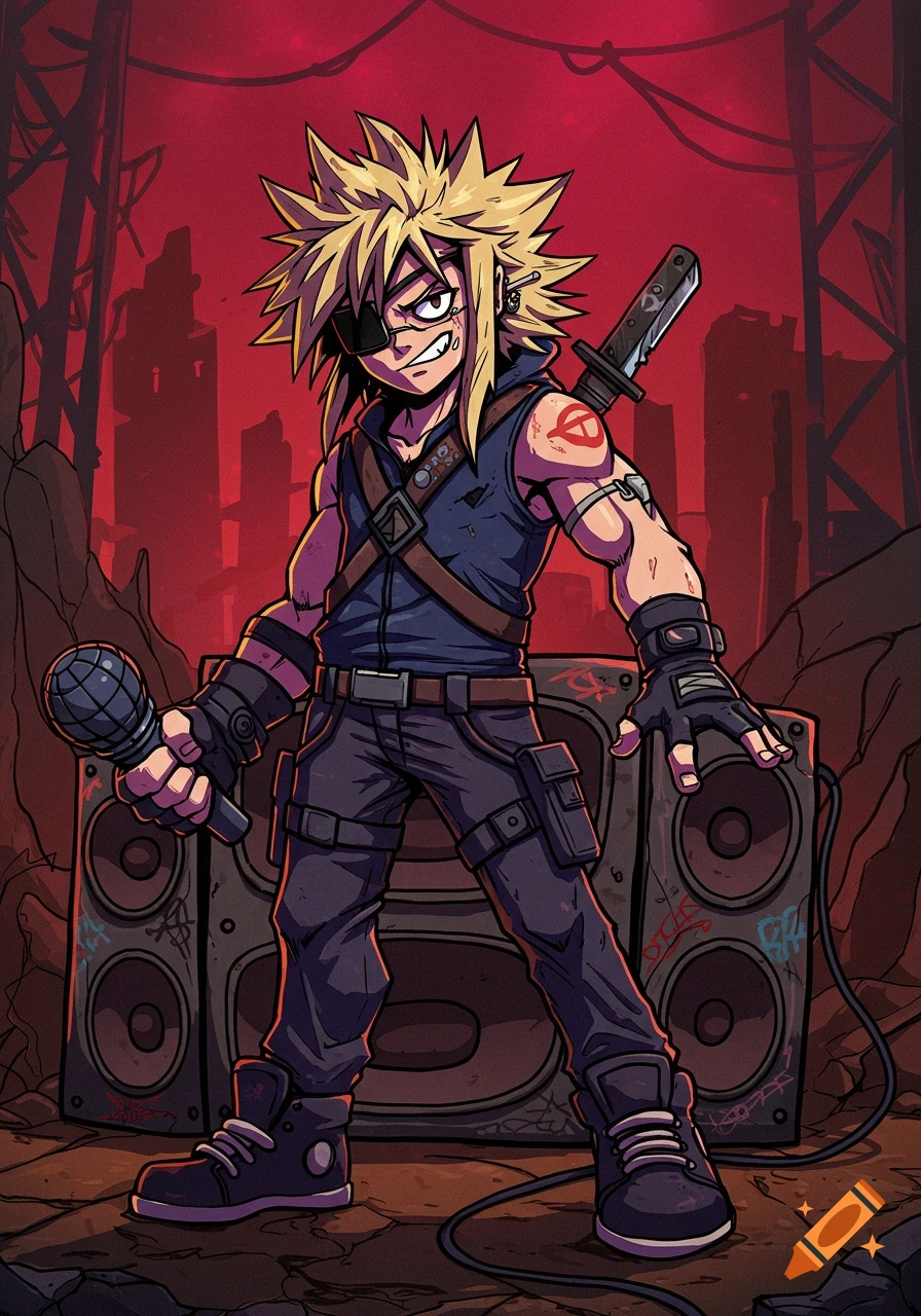 A spiky blonde-haired, eyepatch-wearing cartoon person holds a microphone in front of large speakers in a ruined city.