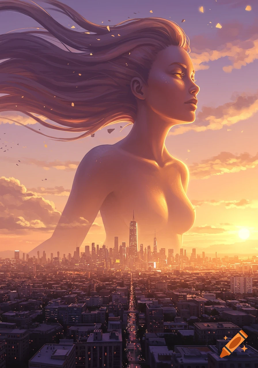 A giant, ethereal woman with flowing hair and closed eyes overlooks a sprawling city at sunset, illuminated by golden light.