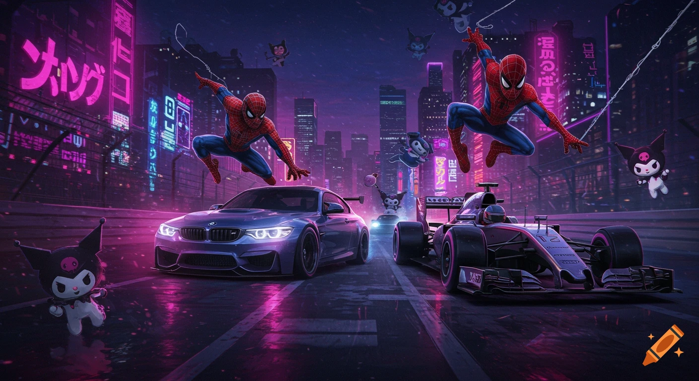 Spiderman and Kuromi characters hover above a BMW and a Formula 1 car on a wet street in a neon-lit cyberpunk city at night.