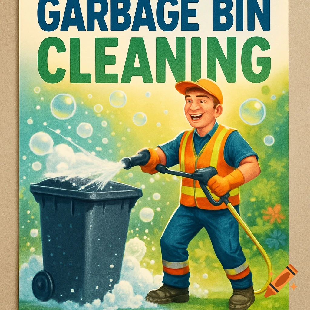 An illustrated poster shows a smiling man in a high-visibility vest pressure washing a dark gray garbage bin with bubbles. Text: GARBAGE BIN CLEANING.