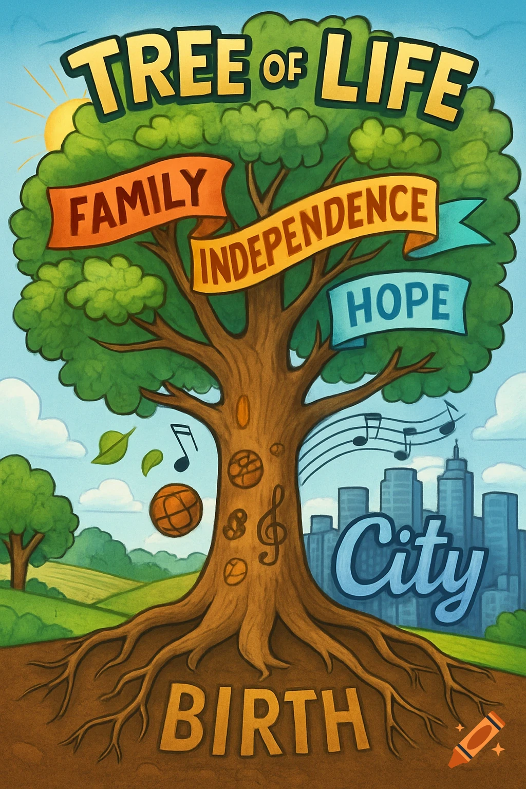 Cartoon tree of life with text 'FAMILY', 'INDEPENDENCE', 'HOPE', 'BIRTH', 'CITY', and symbols of music, sports.