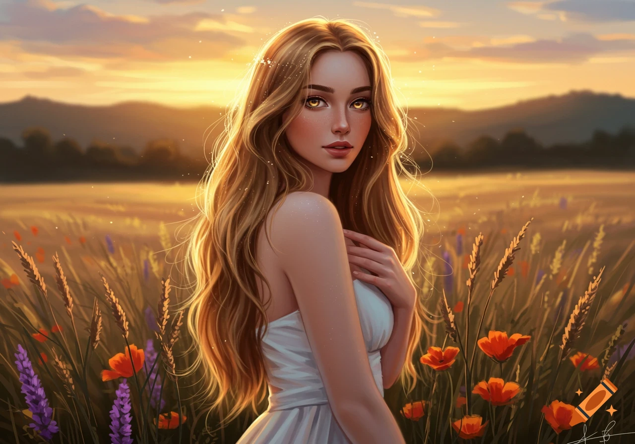 Artistic illustration of a beautiful woman with long blonde hair and golden eyes standing in a sunlit field at sunset.