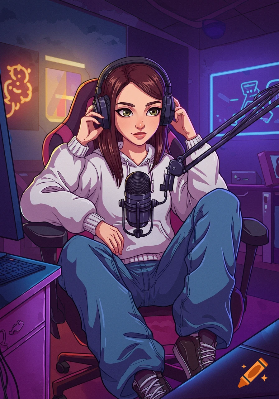 An anime-style teen girl in a white hoodie, headphones, and baggy jeans sits in a gaming chair with a microphone in a purple-lit room.