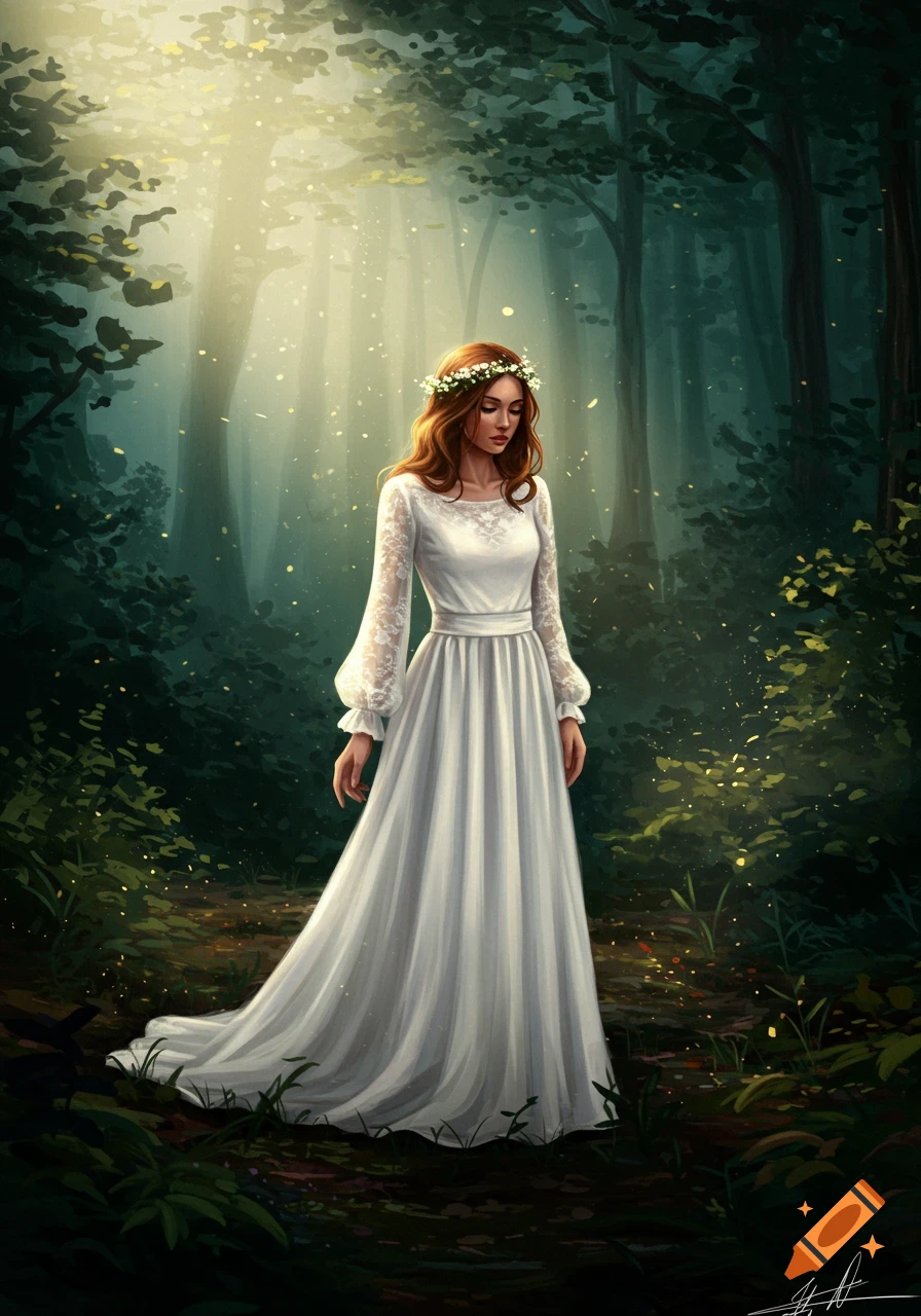 A woman in a flowing white dress and flower crown stands in a sun-dappled magical forest, digital painting style.