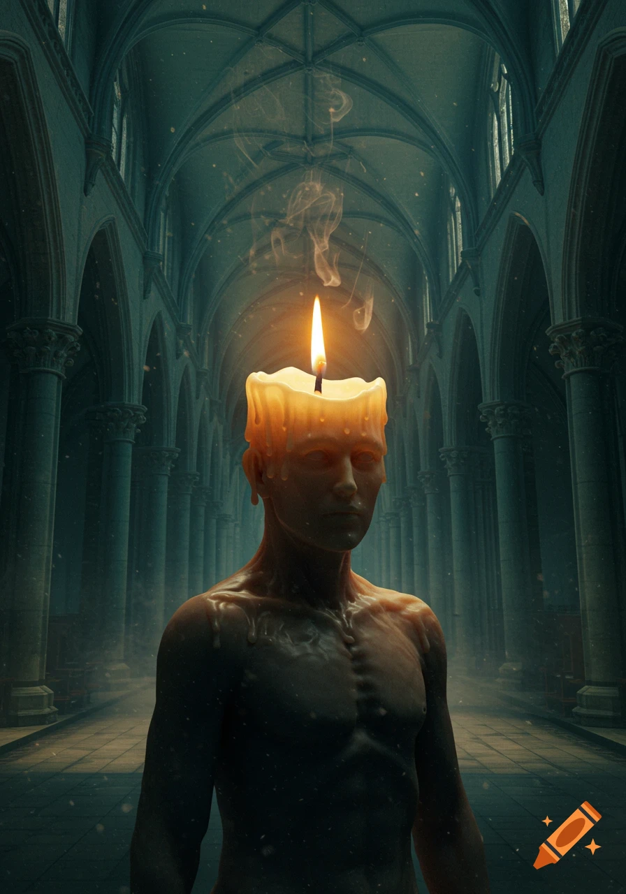 Surreal image of a bare-chested man with a burning candle as a head, dripping wax, standing in a dark gothic cathedral.