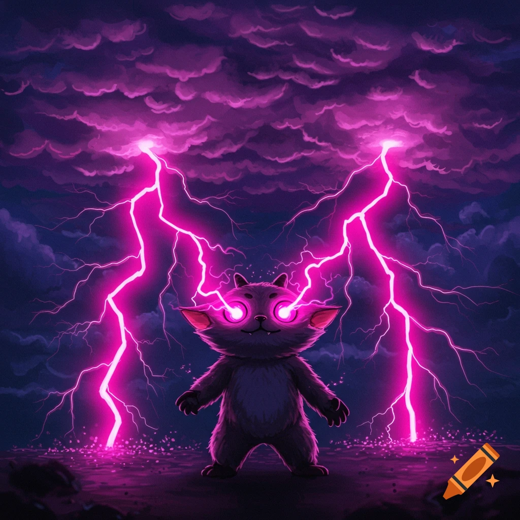 A cute, furry creature with glowing pink eyes emits pink lightning bolts under a stormy, dark sky.
