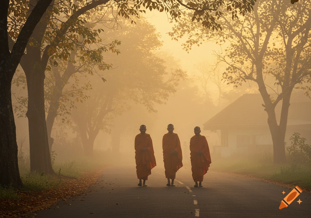 Three Buddhist monks in orange robes walk on a rural road flanked by trees in heavy golden fog during sunrise.