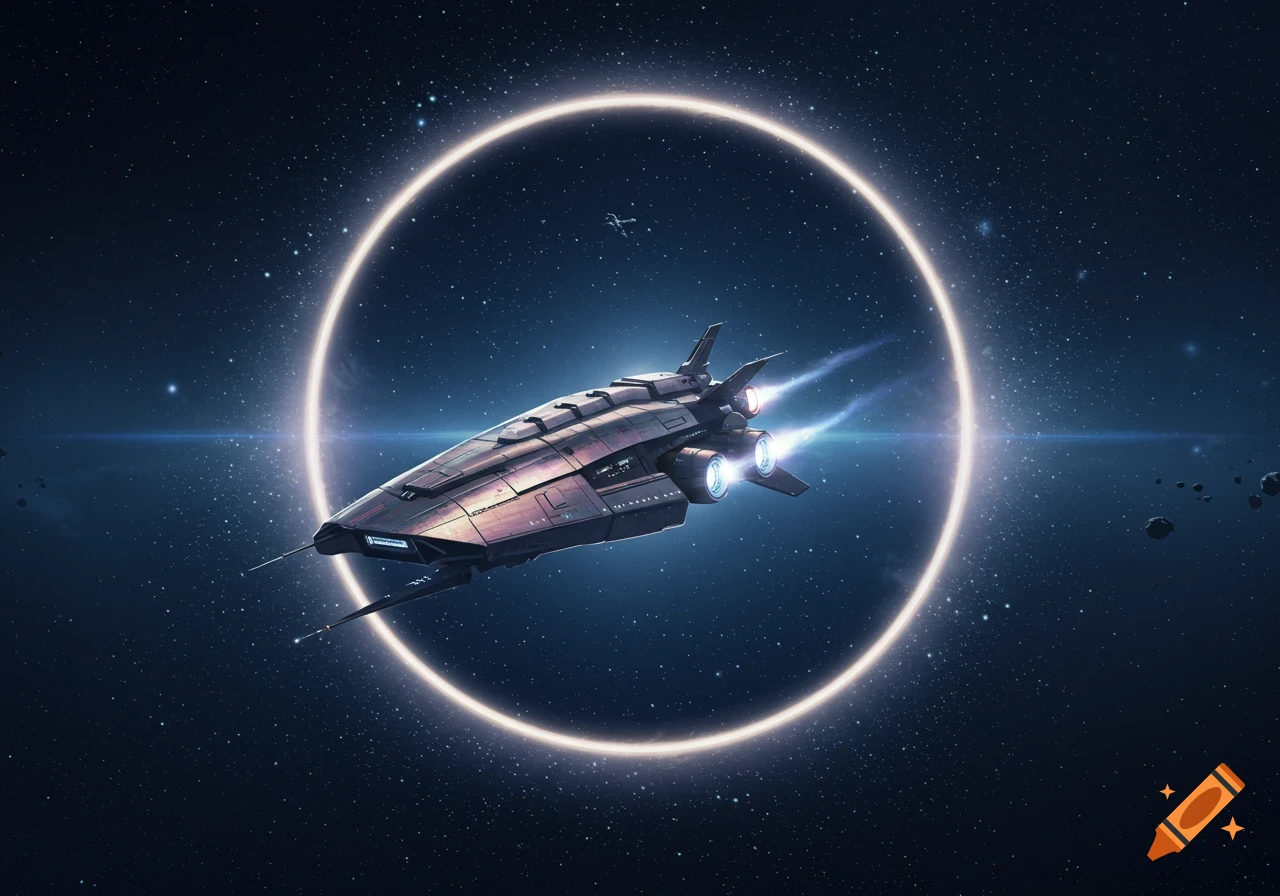 A sleek, futuristic spaceship with glowing engines flies through deep space, past a prominent bright ring and scattered asteroids.