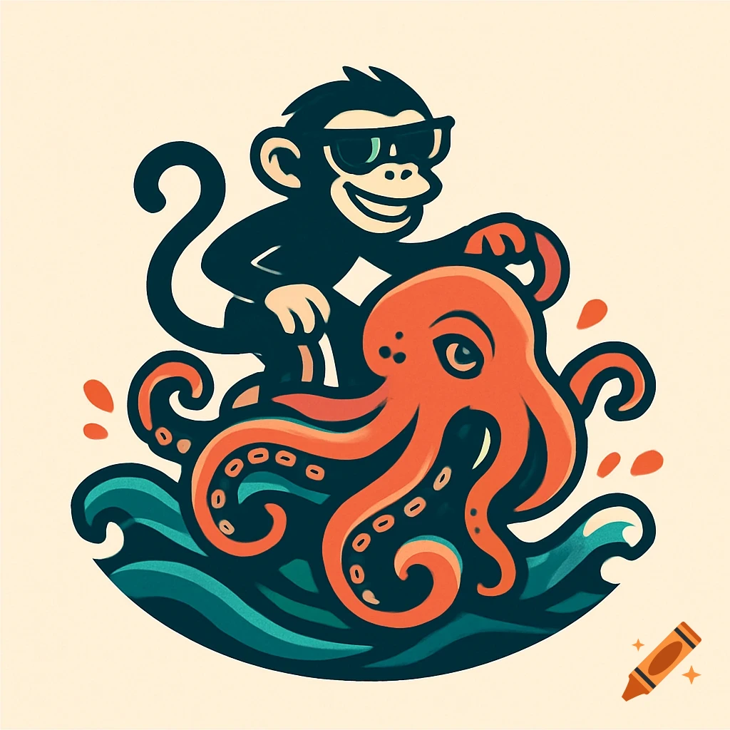 Cartoon monkey in sunglasses rides an orange octopus on blue waves in a stylized logo.