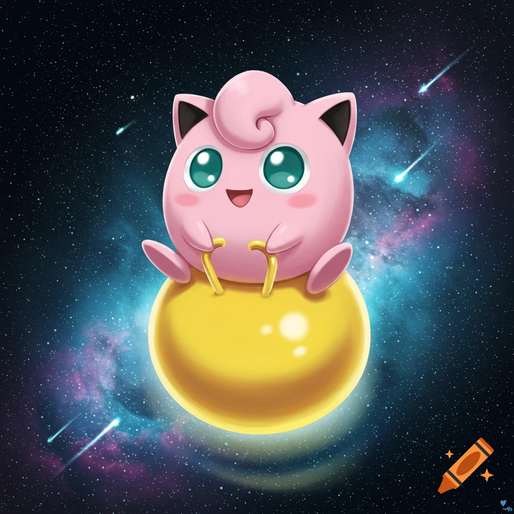 A cute pink Jigglypuff with big teal eyes sits on a yellow space hopper in outer space with stars and nebulae.
