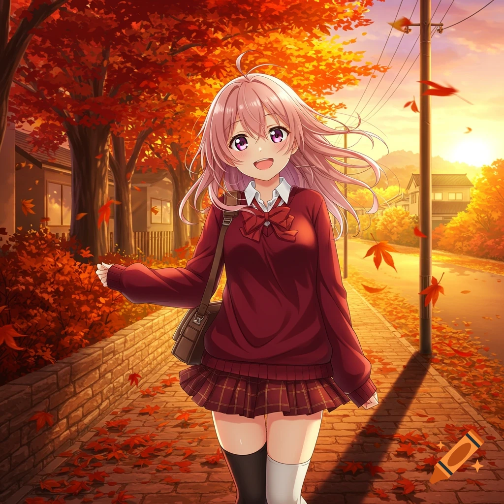Smiling anime schoolgirl with pink hair walks down an autumn street with red leaves.