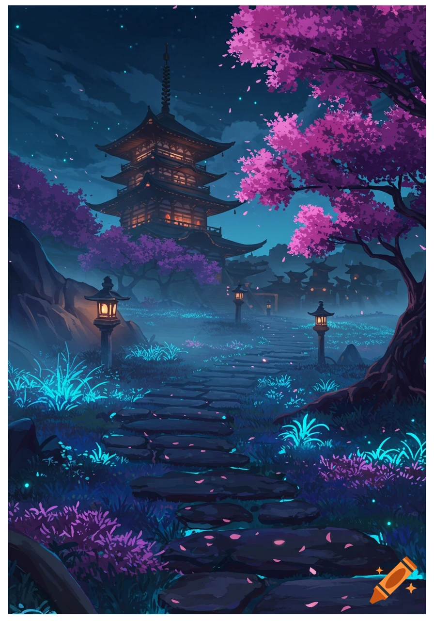Moonlit Japanese pagoda in a mystical forest with glowing blue plants and vibrant pink cherry blossoms, anime style.