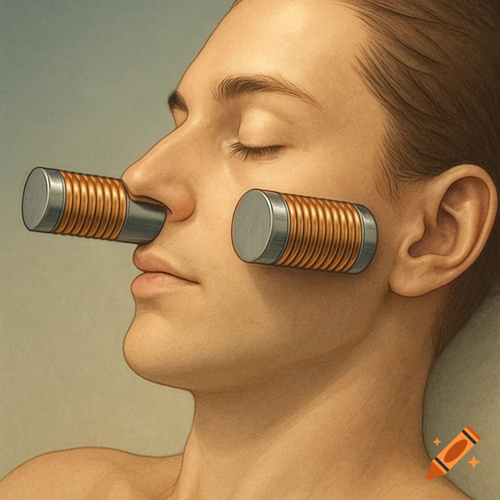 Close-up of a person's face in profile with cylindrical solenoids attached to their nose and cheek, detailed illustration.