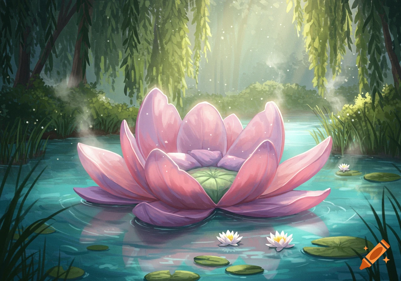 Vibrant pink lotus flower on a misty pond with smaller lilies, green lily pads, and sunlit willow trees in an illustrated style.
