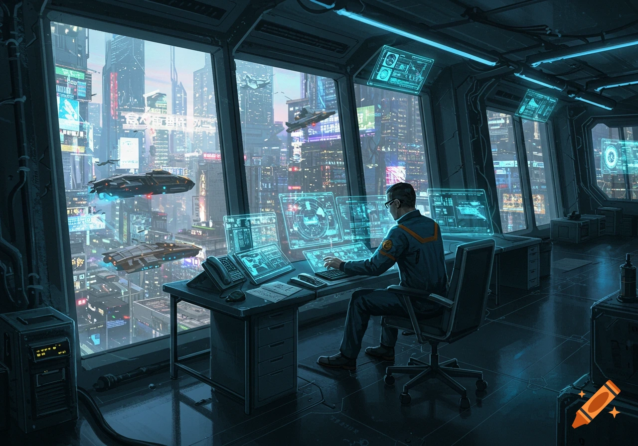 A person works in a futuristic control room with holographic screens overlooking a neon-lit cyberpunk city with flying vehicles.