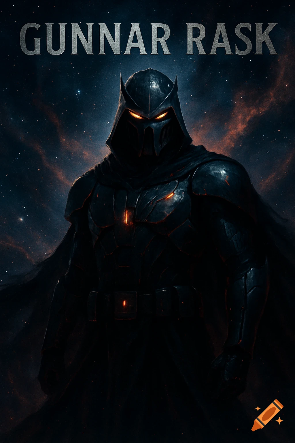 Dark armored character with glowing orange eyes and a cape against a starry space background. Title 'Gunnar Rask' above.