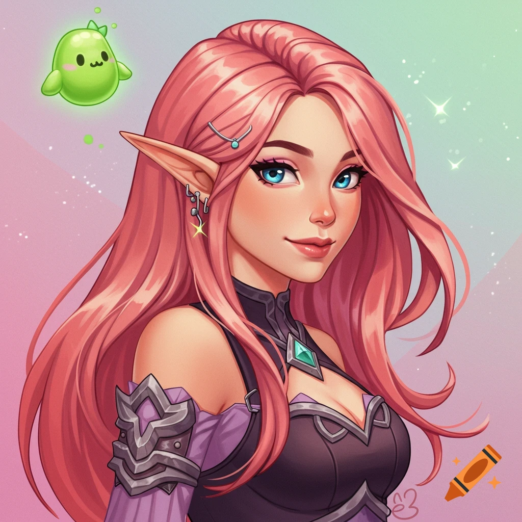 A vibrant, stylized portrait of a female elf with long pink hair, blue eyes, and fantasy armor, with a glowing green creature floating beside her.