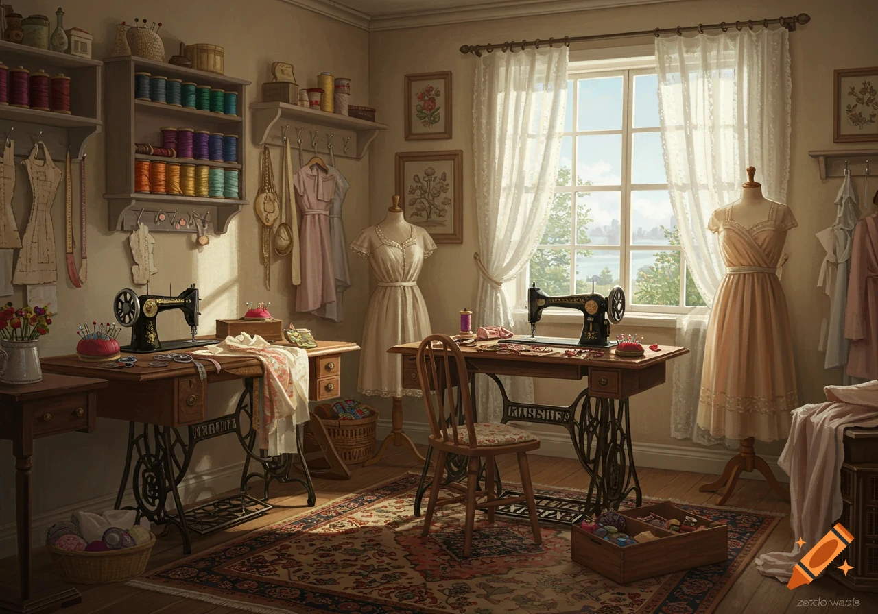 A warm, vintage-style sewing room with two antique sewing machines on wooden tables, shelves of colorful thread, dress forms, and a large window.