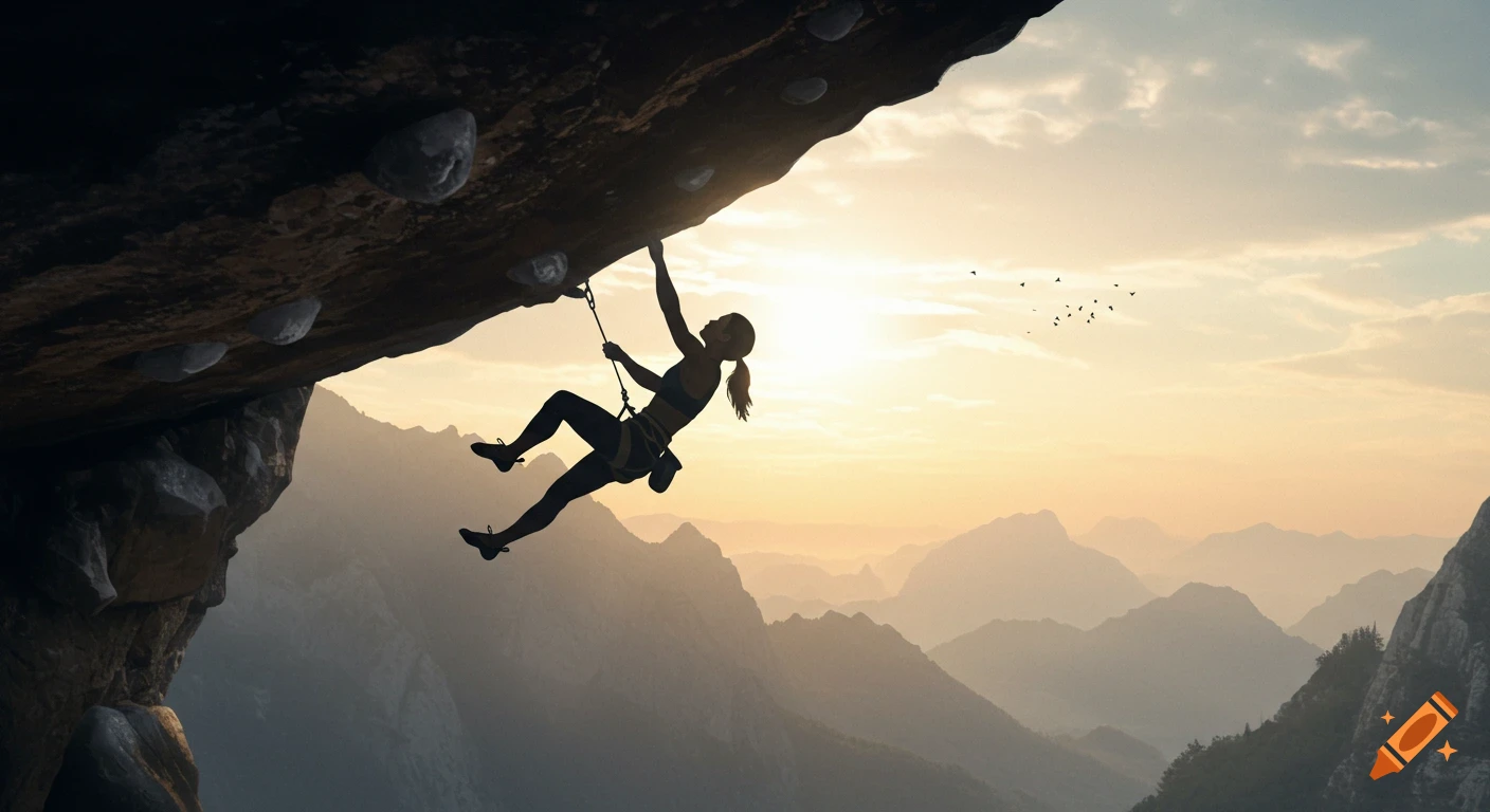 Silhouetted female climber ascending a rock face at dawn with dramatic mountain ranges in the background.