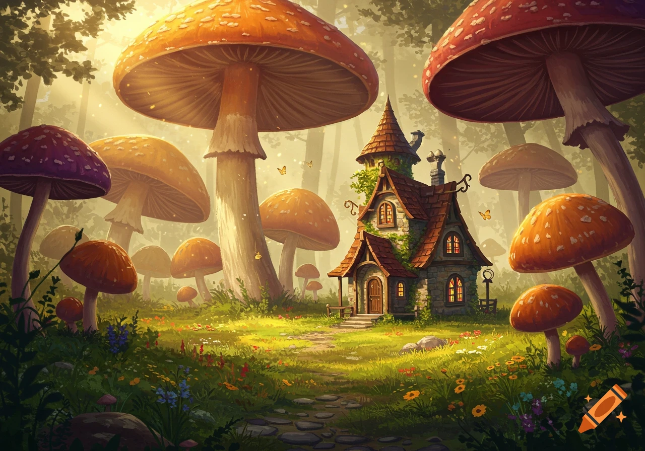 A charming fairytale cottage nestled among giant, colorful mushrooms in a sunlit magical forest.