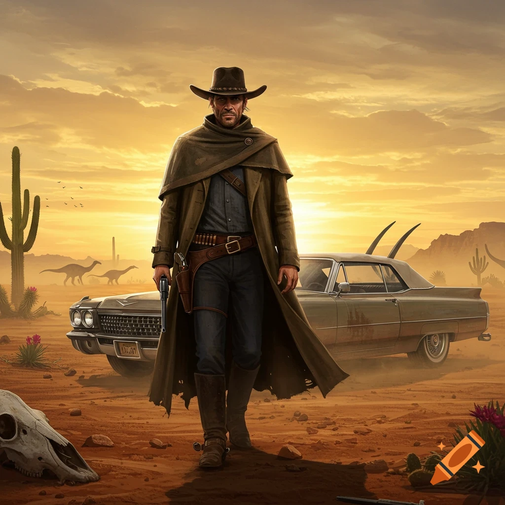A cowboy-like man walks through a desert at sunset, with a vintage car, dinosaurs, and a skull. Photorealistic.