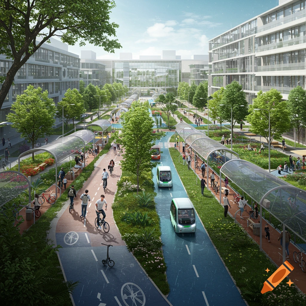 A bustling, green futuristic campus with wide bike paths, self-driving shuttles, and modern buildings under a blue sky.