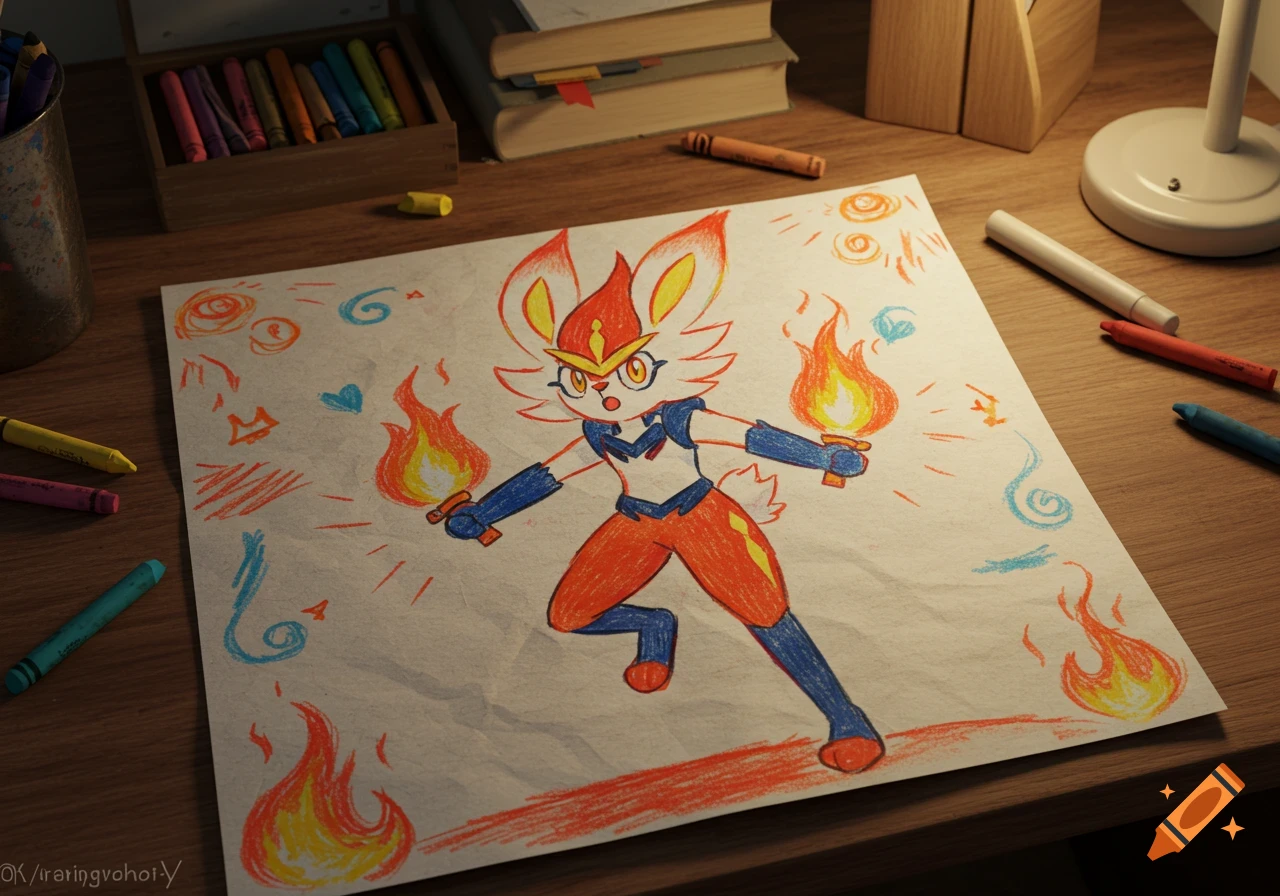 A colorful crayon drawing of Cinderace on crumpled paper, surrounded by crayons and books on a wooden desk.